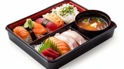 Traditional Japanese sashimi bento box featuring a variety of fish, served with rice and miso soup, isolated on a white background