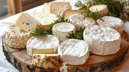 A variety of goat cheeses, including fresh ch??vre and aged crottin, arranged on a wooden platter.