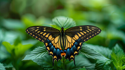A swallowtail butterfly, with lush green foliage as the background, during a summer garden party