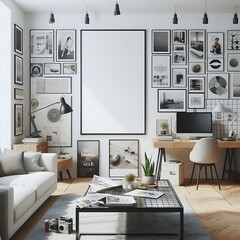 A Room with a mockup poster empty white and with a couch and a table realistic card design realistic attractive image.