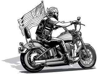 Drawing of a US Biker on a Strong Motorcycle - Black and White Illustration with a American Rider from a Side View