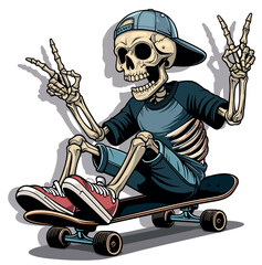 Skeleton Sitting on a Skateboard - Colored Illustration or Textile Print Motif Isolated on White Background