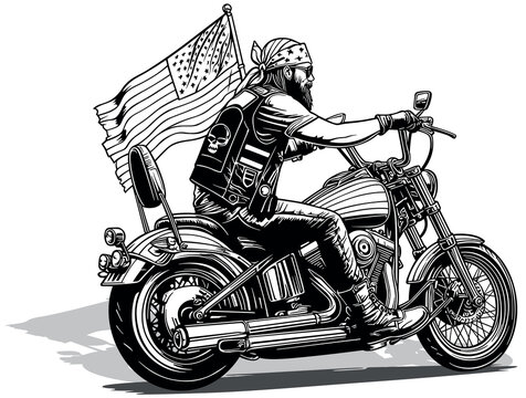 Drawing of a US Biker on a Strong Motorcycle - Black and White Illustration with a American Rider from a Side View
