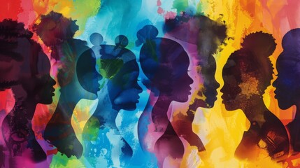Colorful silhouettes of a diverse and multicultural community. Illustration of a multiethnic group of people, portrais