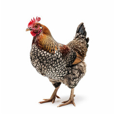 Fototapeta premium A chicken with a red comb stands on a white background. The chicken is a mix of black and white, with a brown head and neck