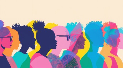 Colorful silhouettes of a diverse and multicultural community. Illustration of a multiethnic group of people, portrais