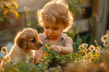 Adorable Toddler and Puppy Playing in a Sunlit Garden Among Flowers