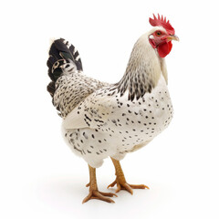Fototapeta premium A white and black chicken stands on a white background. The chicken has a red beak and is looking to the right