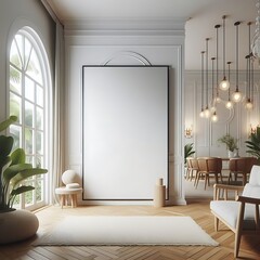 A Room with a mockup poster empty white and with a large white frame and a dining table realistic art has illustrative lively image.