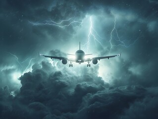 Fototapeta premium Airplane Navigating Treacherous Thunderstorm with Lightning Illuminating the Dark Skies