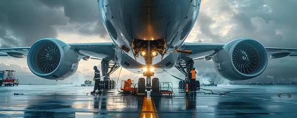 Airplane Maintenance Crew Performing Repairs on Jet Engine During Stormy Runway Conditions