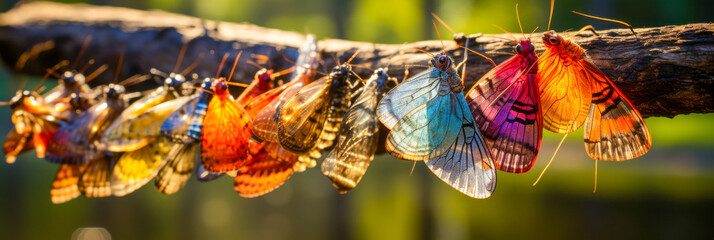 Colorful Butterflies Perched on Branch in Sunlit Forest