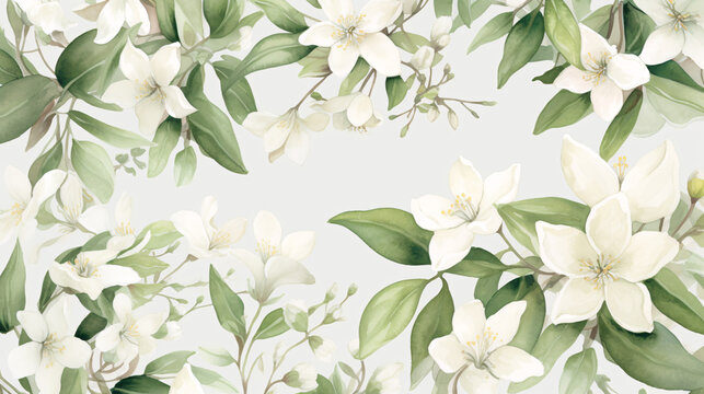 Delicate watercolor floral pattern featuring white flowers and lush green leaves, seamlessly blended into a vintage luxury design