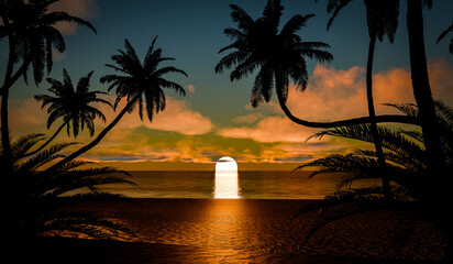 Silhouette of palm trees on the beach at sunset - 3D illustration