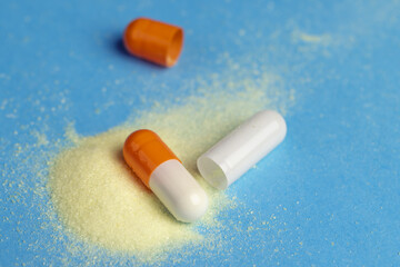 medical drugs in close-up on a blue background