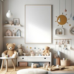 A Room with a mockup poster empty white and with toys and a poster realistic attractive lively realistic attractive.