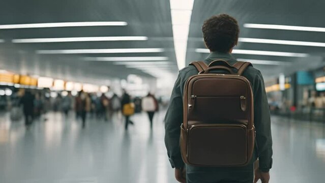 Young man with backpack looking at flight information at airport, flight schedule search for traveler concept