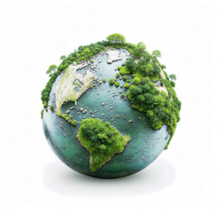 Pristine Earth Covered in Lush Greenery and Clear Blue Waters on White Background