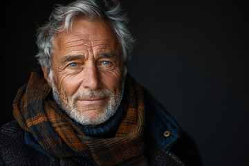 Grey-haired white man wearing a scarf against minimalist backdrop with copyspace for ads