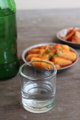 Soju and food korean on wood table