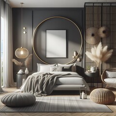 bedRoom with a mockup poster empty white and sets have mockup poster empty white have mockup poster empty white with a bed and a round frame harmony meaning art.