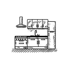 Architectural linear sketch interior small kitchen front view
