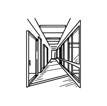 recommend clip art: Corridor line art, white background
                    