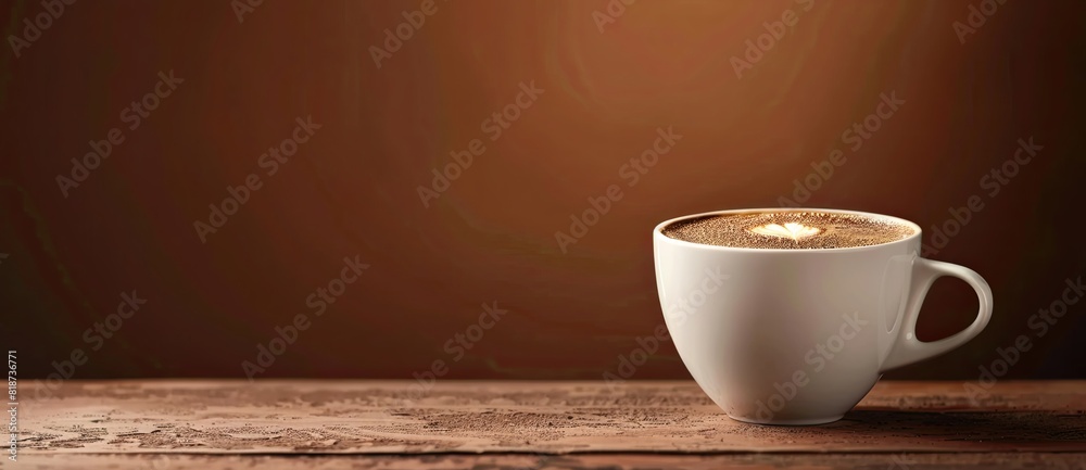 Wall mural cup of coffee on table with brown background