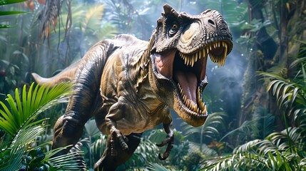 Dinosaur: A towering T-Rex roaring in a prehistoric jungle