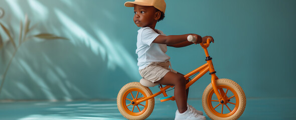 Isolated small Afro American boy with beige cap and casual clothes riding orange bike on blue background indoors. Banner with copy space for text. Selective focus. Sport activity concept.