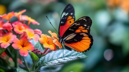 Fototapeta premium Insect: A vibrant butterfly resting on a blooming flower