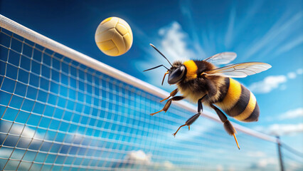An energetic close-up of a bumblebee hovering over a tiny volleyball, symbolizing the buzzing...