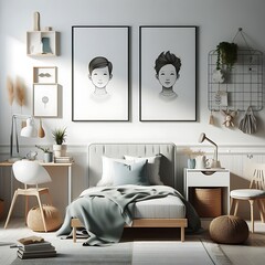 bedRoom with a mockup poster empty white and sets have mockup poster empty white have mockup poster empty white with a bed and two pictures on the wall used for printing card design lively.
