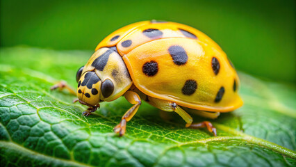 Macro photograph of a yellow ladybug crawling on a green leaf, representing luck and happiness