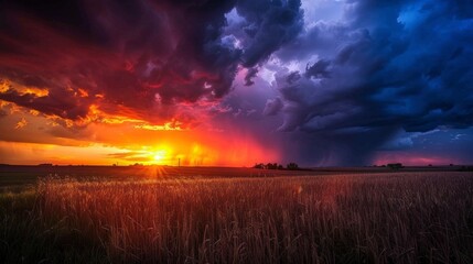 A dramatic sunset interrupted by a looming storm, with dark clouds encroaching on the vibrant colors of the setting sun, casting an ominous shadow over the landscape