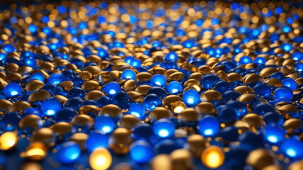 Golden crystals on a blue background, material for jewelry production, Generative AI.

