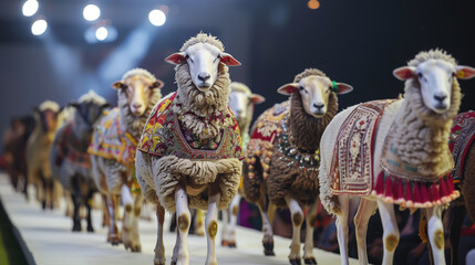 cute sheep in fashionable clothes in fashion show, fashion ramp walk, fashionable dresses modelling, eid ul adha concept, eid mubarak
