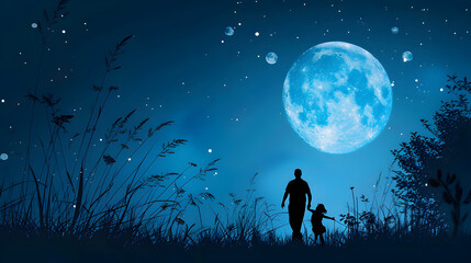 A father and son strolling together under the moonlight, enjoying a quiet and tranquil moment