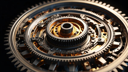 Obraz premium Golden gears stacked on top of each other, perfect for a watchmaker, Generative AI.