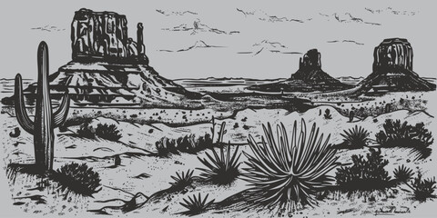 Vintage retro old engraving sketch draw paint of nature outdoor american mexican desert western wild west landscape scene