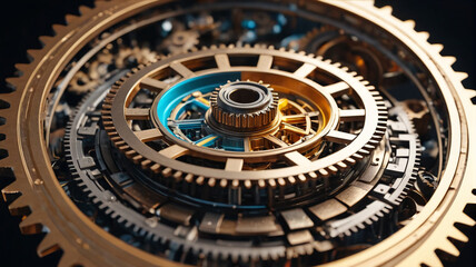 Obraz premium Golden gears stacked on top of each other, perfect for a watchmaker, Generative AI.