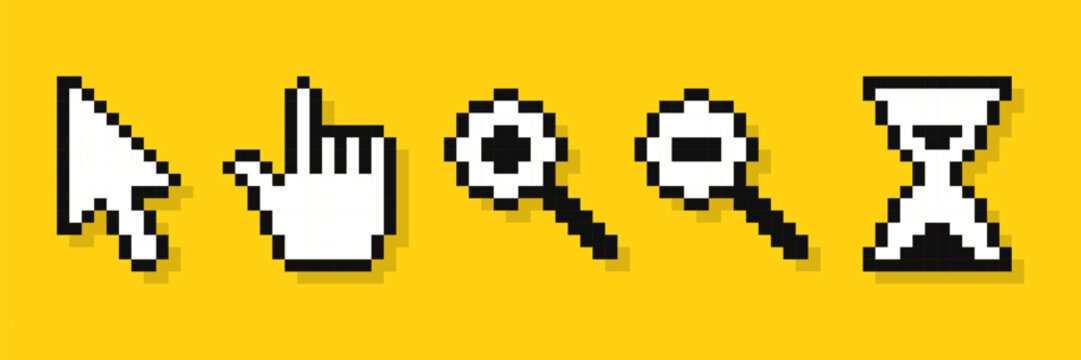 Set of pixel cursor pointers, 8-bit computer mouse. Arrows, hand click pointers, magnifier and hourglass.