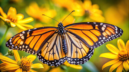 An exquisite close-up of a monarch butterfly resting on a yellow flower, showcasing the delicate beauty of wildlife