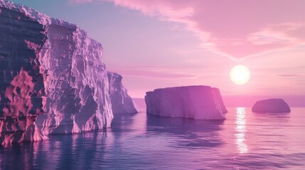 snow mountain cliffs and water with sunset