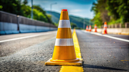Close-up of a yellow traffic cone on a road, symbolizing caution and safety measures