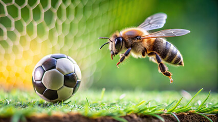 A macro shot of a bee hovering over a miniature soccer ball, showcasing the dynamic energy of...