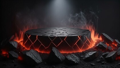Fire lava podium rock product magma display 3d scene stone floor. Platform lava podium