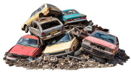 Pile of various damaged cars stacked against and isolated a clean white transparent background for contrast.