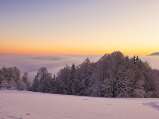 Scenic view of a foggy winter sunrise in Gmundnerberg, Salzkammergut, Austria