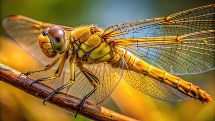 Macro close-up of a yellow dragonfly resting on a twig, showcasing intricate details - Powered by Adobe